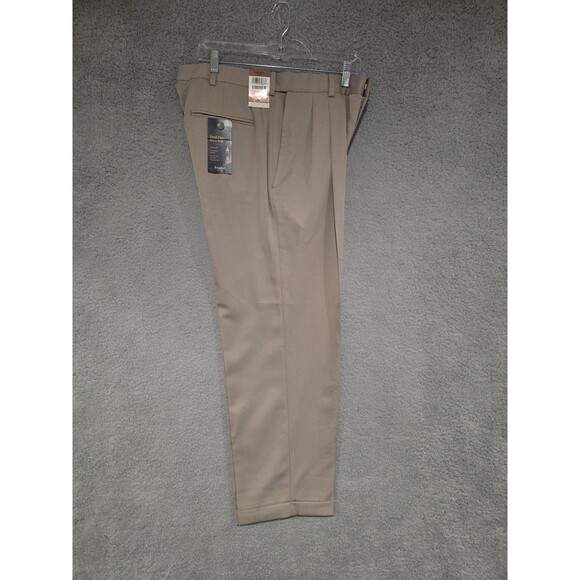 Haggar Dress Pants Mens 34x29 Stone Classic Fit Herringbone Pleated Preppy - Picture 1 of 9